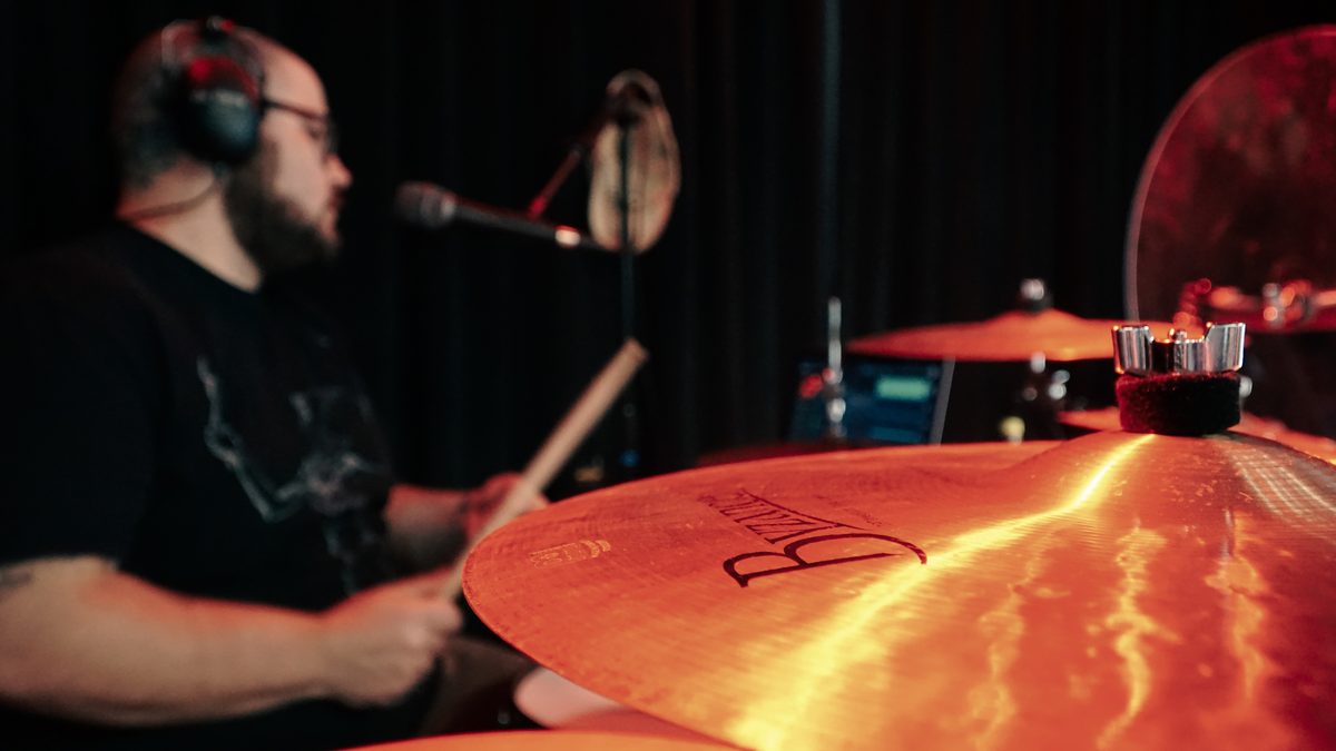 Close-up of a crash cymbal mid-hit
